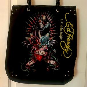 Ed Hardy Black Tote with Colorful Tattoo Design